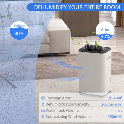 HOMCOM 20L/Day 6L Portable Quiet Air Dehumidifier