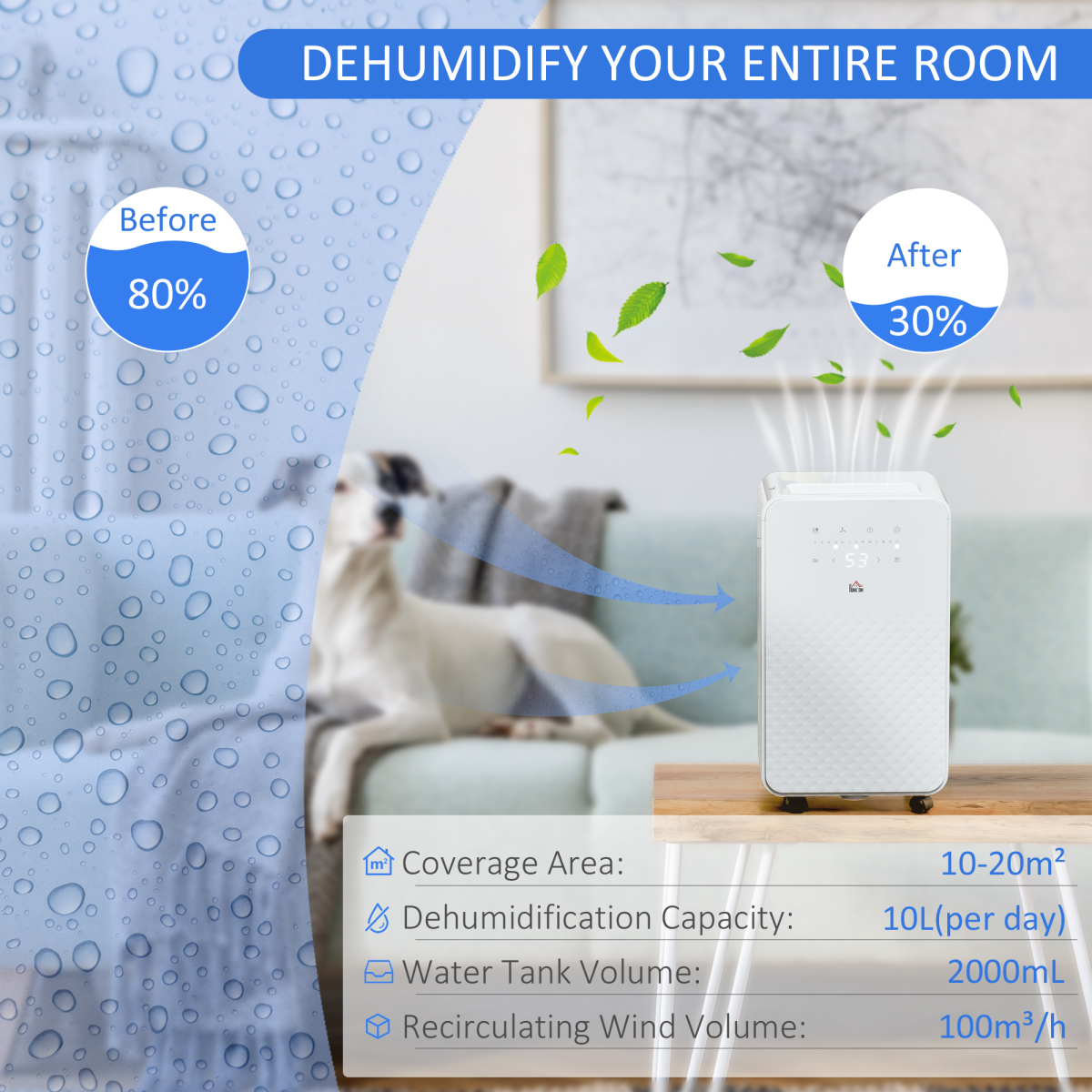 HOMCOM 10L/Day Portable Quiet Air Dehumidifier with Purifier