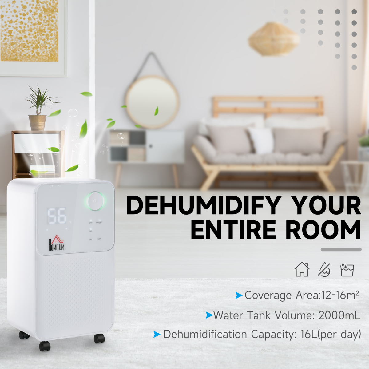 HOMCOM 16L/Day Portable Quiet Dehumidifier