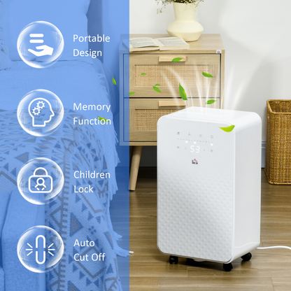 HOMCOM 10L/Day Portable Quiet Air Dehumidifier with Purifier